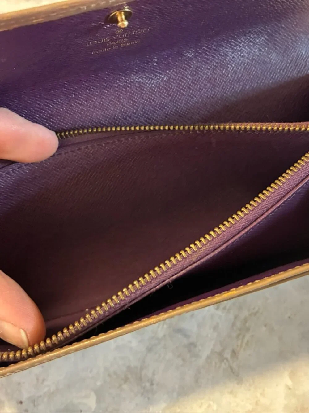 Authentic Louis Vuitton Vintage Epi Leather Long Flap Wallet in Taupe & Purple